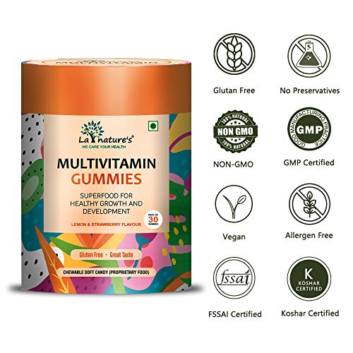 La Nature's Multivitamin Gummies with Essential Nutrients (Vitamin A, C, D, E, B12) for Kids- Lemon & Strawberry Flavour - 30 Gummy