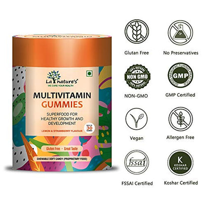 La Nature's Multivitamin Gummies with Essential Nutrients (Vitamin A, C, D, E, B12) for Kids- Lemon & Strawberry Flavour - 30 Gummy