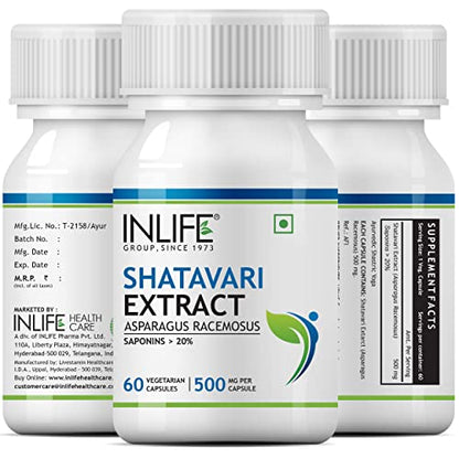 INLIFE Shatavari (Saponins > 20%) Supplement, 500 mg - 60 Vegetarian Capsules (Pack of 1)