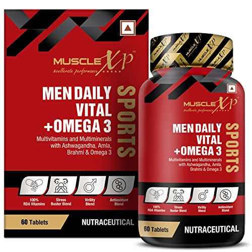 MuscleXP Men Daily Vital + Omega 3 Sports Multivitamin & Multiminerals with 4 Health Blends & Omega3, 60 Tablets (Pack of 1)