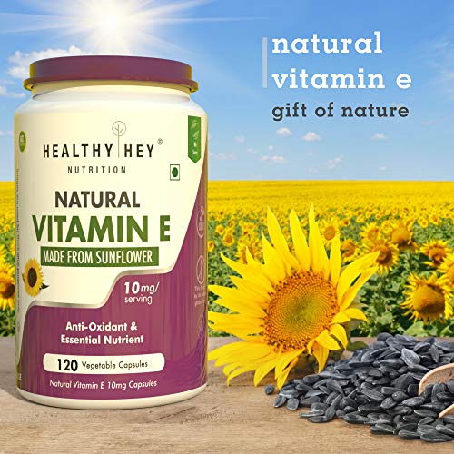 HealthyHey Vitamin E Capsules | Vitamin E for Skin & Hair | Sunflower - D-Alpha-Tocpherol - 10mg - 120 Veg Capsules