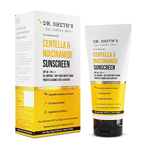 Dr. Sheth's Centella & Niacinamide Sunscreen Spf 50 Pa+++ For Oily & Acne-Prone Skin, Sweatproof, Wal, Protects Against Uva & Uvb Rays For Unisex, 50g