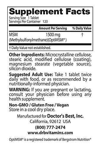 Doctor's Best MSM (1500 mg) Tablets, 120-Count