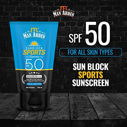Man Arden Sun Block Sports Sunscreen SPF 50, For All Skin Types, UVA/UVB PA+++, High UVA & UVB Protection Non Greasy And Water Resistant, 100 ml