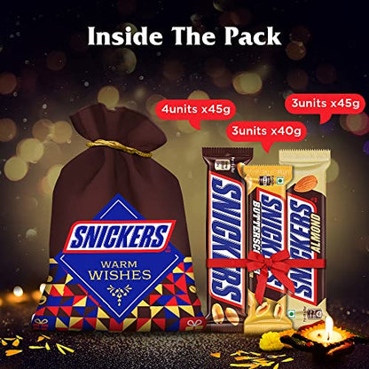 Snickers Diwali Chocolate Potli Gift Pack | Assortment of 10 Bars | 4 Snickers Peanut Bars | 3 Snickers Almond Bars | 3 Butterscotch Bars | 430g