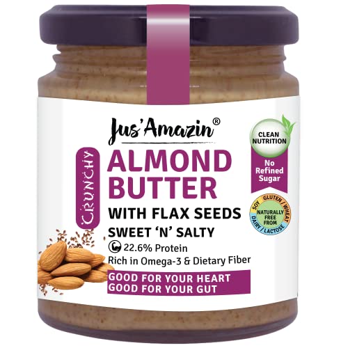 Jus' Amazin Crunchy Almond Butter – with Crunchy Flaxseeds (200g) | 22% Protein | 86% Almonds | Rich in Omega-3 | Vegan | Dairy Free