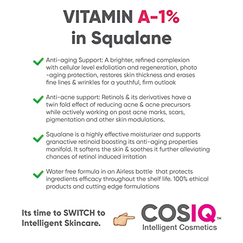 Cos-IQ 1% Vit A Granactive Retinoid in Squalane Face Serum | Only 4 Ingredients Vit-A Anti Ageing Retinol Night Serum | For Women & Men | 30ml