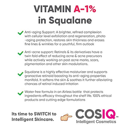 Cos-IQ 1% Vit A Granactive Retinoid in Squalane Face Serum | Only 4 Ingredients Vit-A Anti Ageing Retinol Night Serum | For Women & Men | 30ml