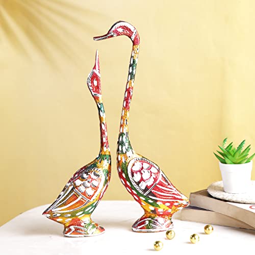 Pair of Kissing Duck Showpiece Swan Love Birds Couple Statue Set Metal Bird Pair (Male - Female)