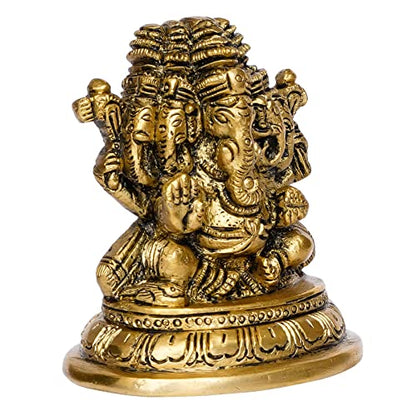 Handcrafted Golden Brass Panchmukhi Lord Ganesha Idol - Hindu God Idol for Home Decor, Puja Room - Ganesha Statue