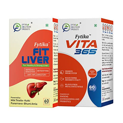 Fytika Fit Liver + Fytika Vita 365| Milk thistle 200mg, Kutki50mg, Punarnva25mg, Bhumi Amla 25mg & P3, E, Zinc, Biotin, Mineral, Ginseng & Ashwagandha