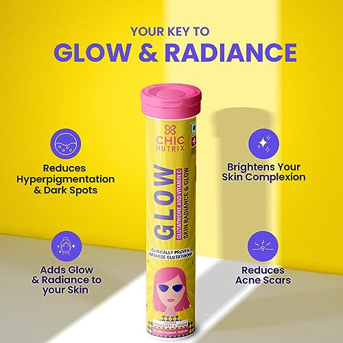 Chicnutrix Glow - 500mg Japanese Glutathione & Vit. C for Brighter Skin | 60 effervescent tablets | Skin Glow & Radiance | Strawberry-lemon flavour