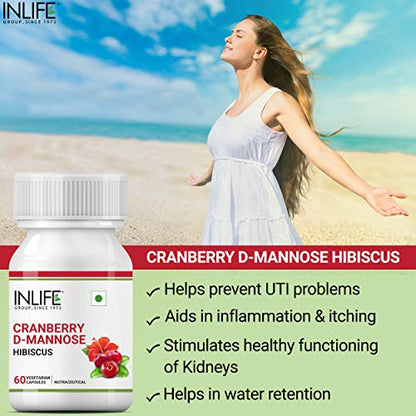 INLIFE Cranberry 400mg D-Mannose 400mg & Hibiscus 200mg Extract Urinary Tract UTI Health Supplement - 60 Veg Capsules