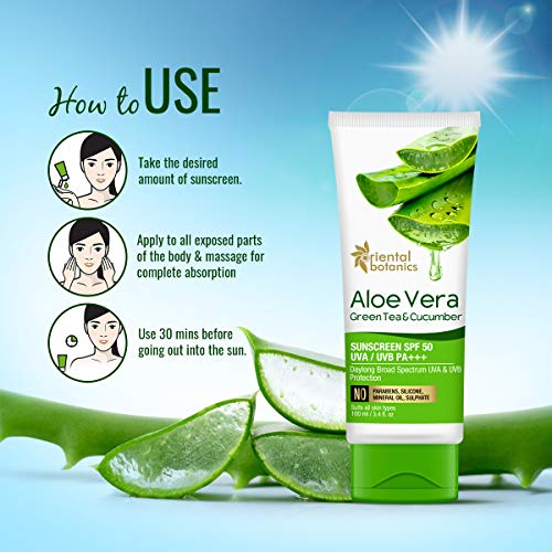 Oriental Botanics Aloe Vera, Green Tea & Cucumber Cream Sunscreen SPF 50, 100 ml | Infused with Aloeects Skin | No Parabens & Sulphates | Cruelty Free