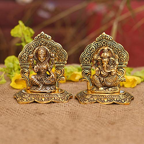 Collectible India Laxmi Ganesh Set Idol Showpiece Metal Gold Plated Lakshmi Ganesha Idols for Diwali Gifts Puja (Set 1)