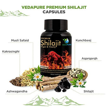 Vedapure Premium Shilajit Capsule with Safed Musli, Ashwagandha Helps in Stamina, Strength, Vitality For Men 1000mg/Serving 60 Veg Capsule