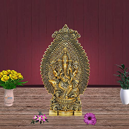 Nexplora Industries Pvt. Ltd. Metal Ganesh Idol Ganpati Sitting On Mouse Statue, Height 27 cm, Gold Antique, 1 Piece