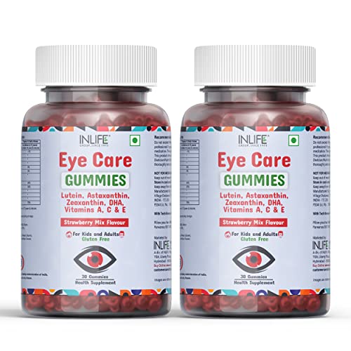 INLIFE Eye Care Supplement | Lutein and Zeaxanthin Gummies with Omega 3 Algal DHA, Astaxanthin, Vit A, C & E, 60 Count