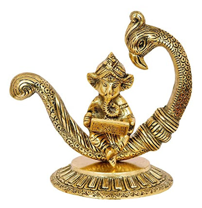 Nexplora Industries Pvt. Ltd. Metal Beautiful Ganesh Idol Ganpati Reading Ramayana, Height 16 cm, Gold Antique, 1 Piece