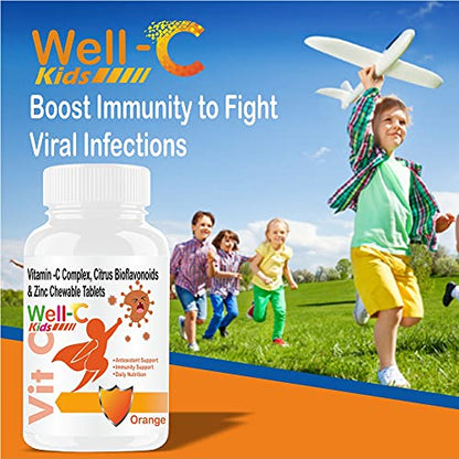 Well-C Vitamin C Tablets Immunity Booster For Kids and Zinc Supplements For Growth Strength Strong Bones Sugar Free Orange Flavor Chewable Tablets -60