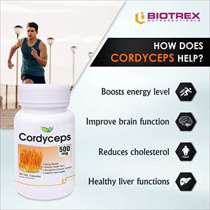 Biotrex Cordyceps 500mg - 60 Veg Capsule, Pack of 2, Dietary supplement to strengthen Immune System,amin for men, women and adults, health supplements