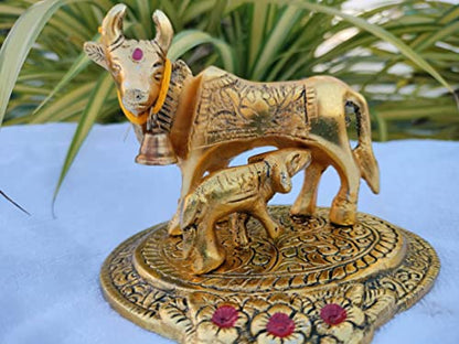 URBAN HAAT Prosper Kamdhenu Oxidised Gold Finished The Wish granting Cow and Calf Figurine Decorative Gift Item (Colour Gold) 12@11 cm