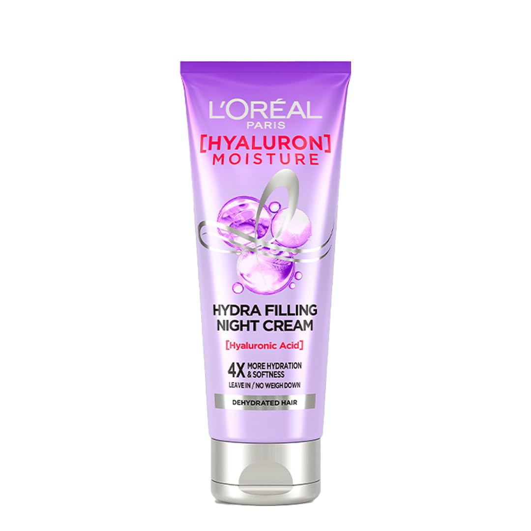 L'Oreal Paris Filling Night Cream, Leave In Hair Cream with Hyaluronic Acid, For Dry & Dehydrated HaShine & bounce, Hyaluron Moisture 72H Hydra, 180ml