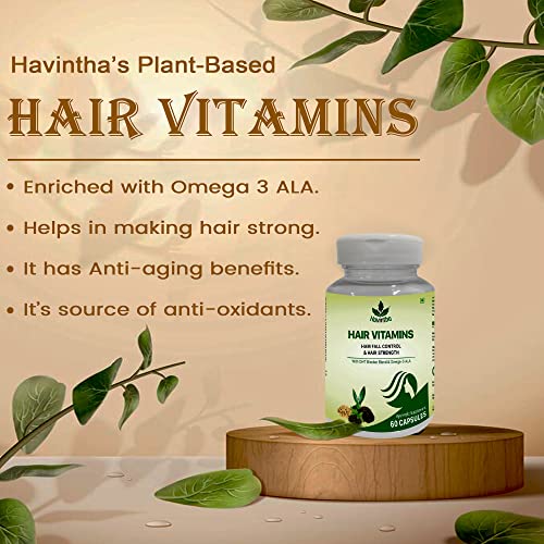 Havintha Plant Based Hair Vitamins Supplement with DHT Blocker, Hair Vitamin Blend, Omega 3 ALA & Pie Bark Extract for Control Hair Fall - 60 Capsules