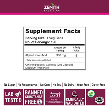 Zenith Nutrition Alpha Lipoic Acid 300Mg -Pack of 120 Capsules