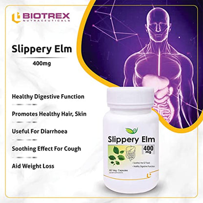 Biotrex Nutraceuticals Slippery Elm 400mg 60 Veg Capsules, Dietary supplement to strengthen Immune Samin for men, women and adults, health supplements