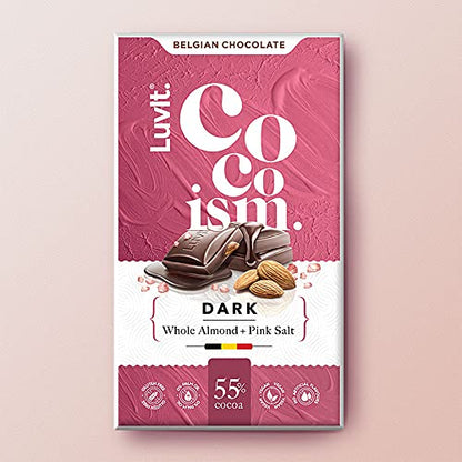 LuvIt Cocoism Belgian Dark Chocolates | 55% Dark Cocoa with Whole Almond & Pink Salt | Vegan | Gluten Free | 90 gm