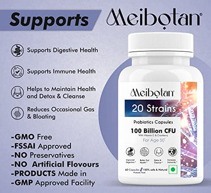 Meibotan Probiotic Supplement Designed by Scientist, 20 Strains with 100 Billion CFU For Men & WomenSupport, Detox & Cleanse - 60 Veg Capsules,Age 50+