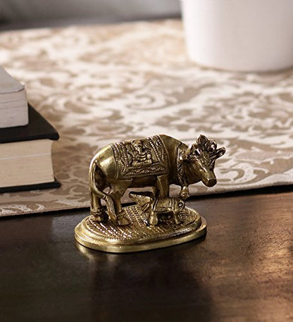 eCraftIndia Holy Kamdhenu Cow and Calf Brass Figurine (8 cm x 5 cm x 6, Golden and Yellow)