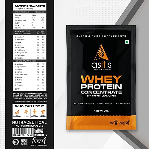 Asitis Nutrition Whey Protein Concentrate 80% Single Serving Sachet - 30g | Unflavoured, Labdoor Certified