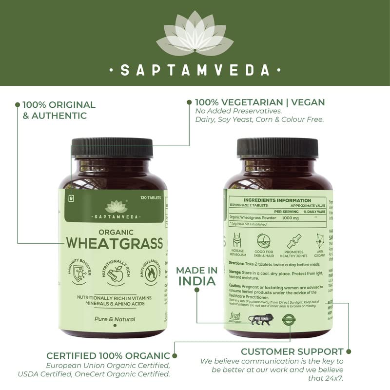 SAPTAMVEDA Organic Wheat Grass Tablets (120 Tablets, 500mg) - Natural Antioxidant Superfood, Supports Healthy Joints, Immunity Booster, Non-GMO, Vegan