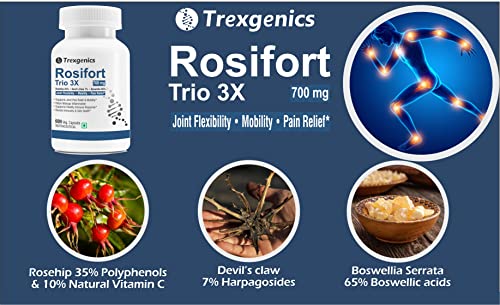 Trexgenics Rosiforte Trio Rosehip, Boswellia, Devil's Claw 700 mg Joint Pain & Inflammation Support Vegan & Non-Gmo (60 Veg Capsules)