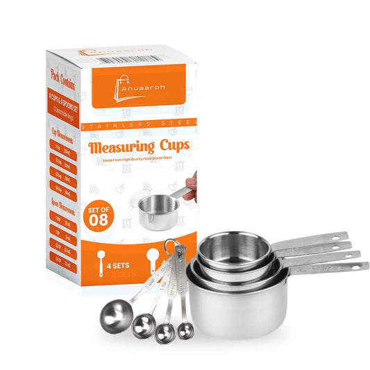 Anuaaroh Stainless Steel Measuring Cups & Spoon Combo for Cooking & Baking Cakes (Set of 4 Cups and 4 Spoons)