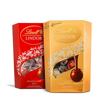 LINDT Lindor Milk Chocolate Box and LINDT Lindor Assorted Chocolate Box |Box of 2 | Perfect to Shareh Melting Filling | Approx. 16 Balls Each | 200 gm