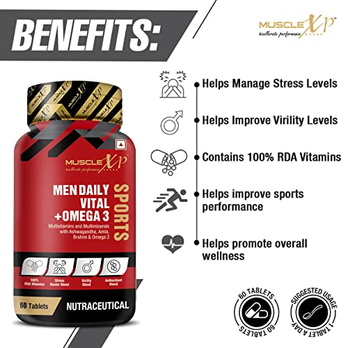 MuscleXP Men Daily Vital + Omega 3 Sports Multivitamin & Multiminerals with 4 Health Blends & Omega3, 60 Tablets (Pack of 1)