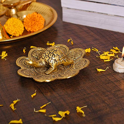 Metal Feng Shui Tortoise On Plate Showpiece - Gold Tortoise for Good Luck Money - Best Gift for Career and Good Luck Vastu