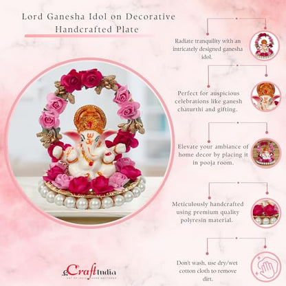 eCraftIndia Lord Ganesha Idol on Decorative Handcrafted Plate with Throne of Pink and Red Flowers