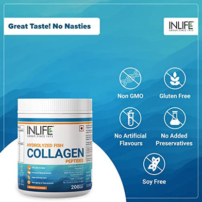 INLIFE Hydrolyzed Marine Fish Collagen Peptides Powder, Supplement for Skin Hair, Type 1 Collagen, 200 gm (Orange)