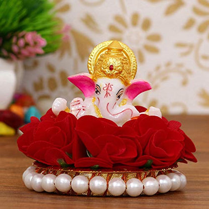 eCraftIndia Lord Ganesha Idol on Decorative Handcrafted Plate with Red Flowers