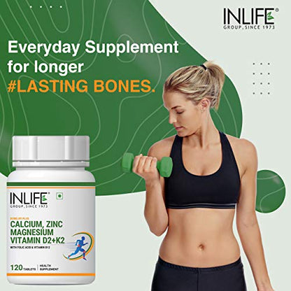 INLIFE Calcium Magnesium Zinc Vitamin D K2 Folic Acid & B12, Bone & Joint Calcium Supplement for Women Men - 120 Tabs