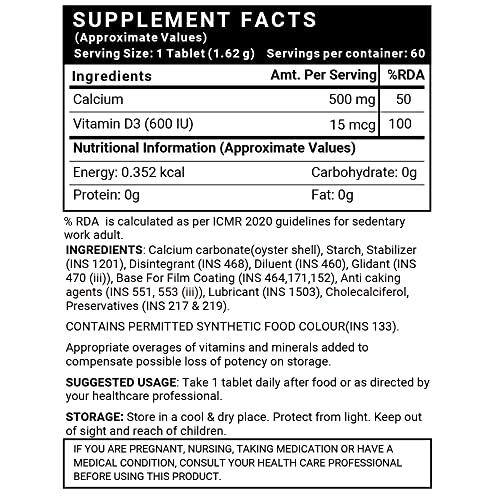 INLIFE Calcium 500 mg Vitamin D3 400 IU Supplement for Men Women - 60 Tablets