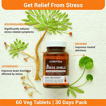 Cureveda Herbal Stress Shield Tablets- Support for Stress, Fatigue and Tension - 60 Tablets