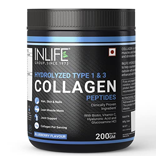 INLIFE Hydrolyzed Collagen Peptides Powder Supplements Type 1, 3, Biotin, Vitamin C, Hyaluronic Acid, Glucosamine, Skin Health - 200g (Blueberry)
