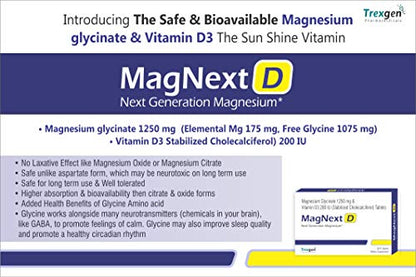 Trexgen MAagnext-D Magnesium glycinate 1250 mg & Stabilized Cholecalciferol 200 IU - Pack of 2