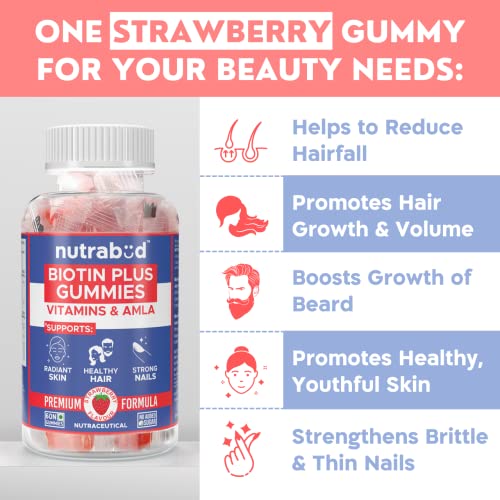 Nutrabud Biotin Hair Gummies For Women, Men | No Added Sugar | For Healthy Hair Growth, Skin Glow & Vegan Gummy Bear Supplement - 60 Count (Pack of 1)