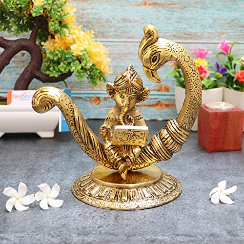 Nexplora Industries Pvt. Ltd. Metal Beautiful Ganesh Idol Ganpati Reading Ramayana, Height 16 cm, Gold Antique, 1 Piece